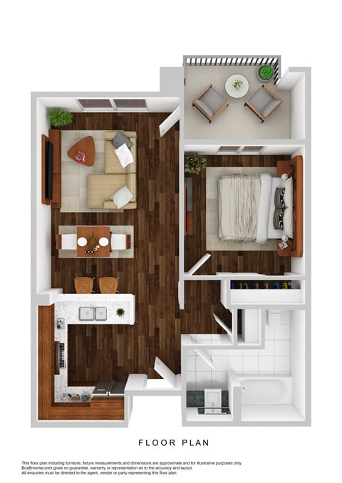 Floor plan for 1 bed, 1 bath, 604 sqft